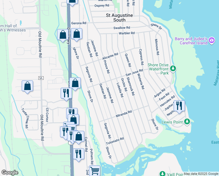 map of restaurants, bars, coffee shops, grocery stores, and more near 315 Jasmine Road in St. Augustine