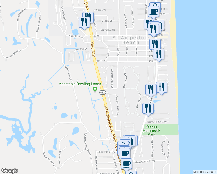 map of restaurants, bars, coffee shops, grocery stores, and more near 152 Bay Bridge Drive in St. Augustine