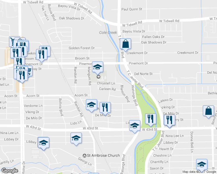 map of restaurants, bars, coffee shops, grocery stores, and more near 4702 Carleen Road in Houston