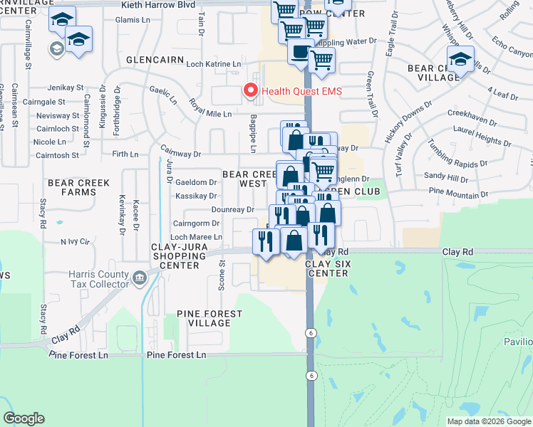 map of restaurants, bars, coffee shops, grocery stores, and more near 16311 Dounreay Drive in Houston