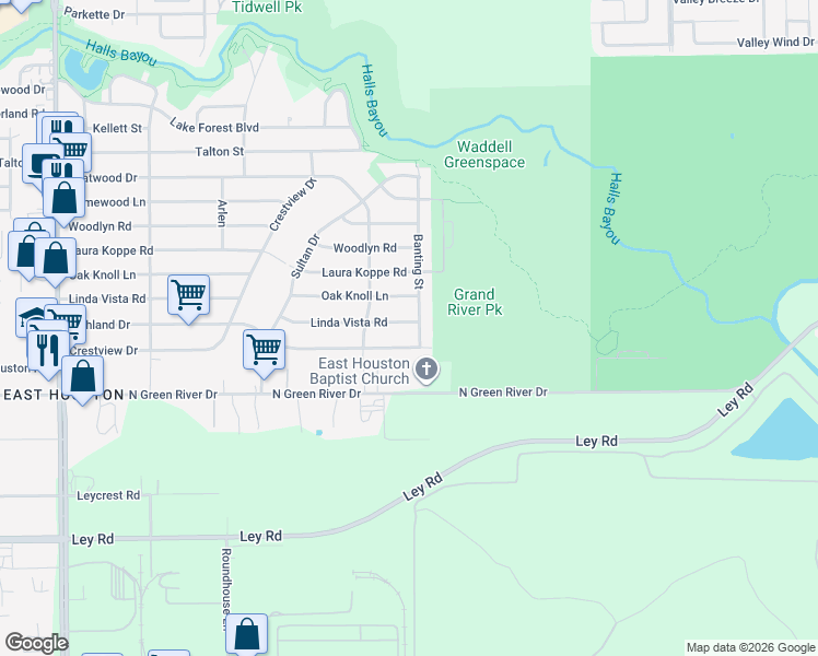 map of restaurants, bars, coffee shops, grocery stores, and more near 9330 Linda Vista Road in Houston