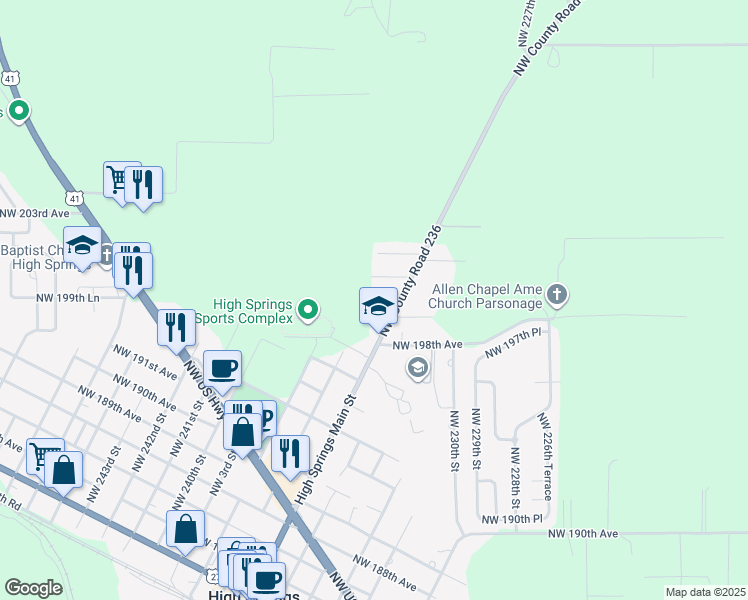 map of restaurants, bars, coffee shops, grocery stores, and more near 32605 12th in High Springs