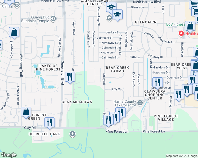 map of restaurants, bars, coffee shops, grocery stores, and more near 4423 Pine Hollow Trace in Houston