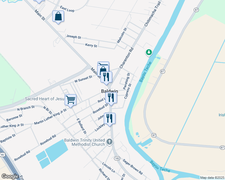 map of restaurants, bars, coffee shops, grocery stores, and more near in Baldwin