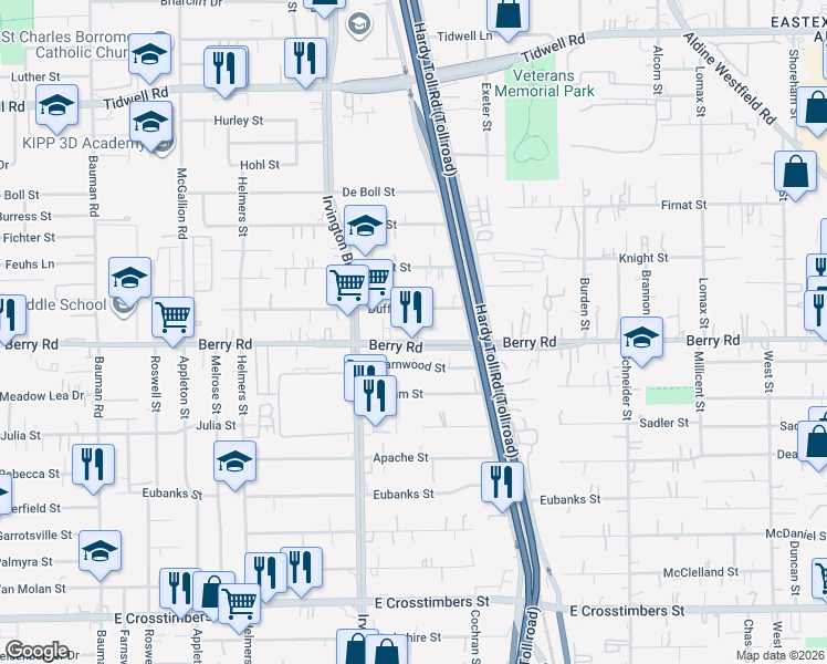map of restaurants, bars, coffee shops, grocery stores, and more near 1305 Berry Road in Houston