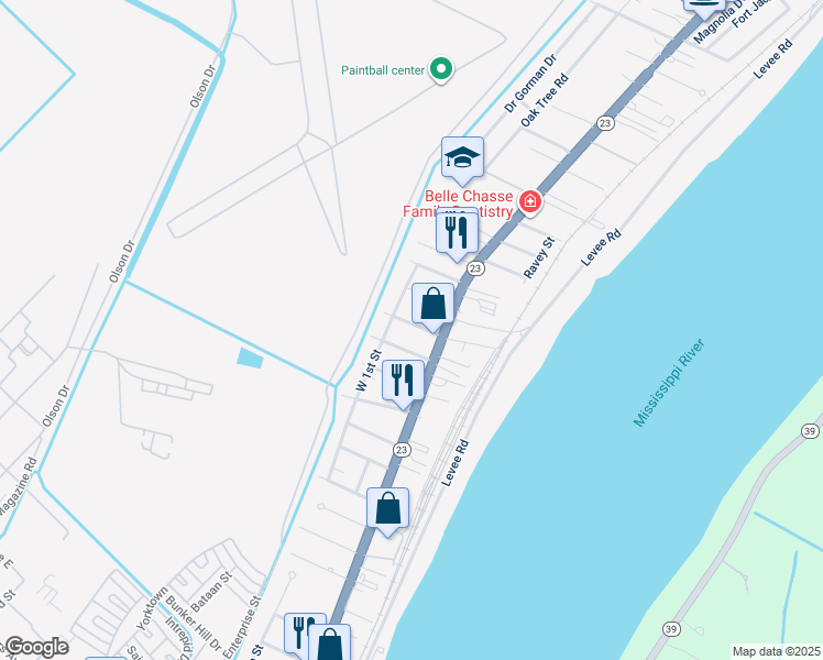 map of restaurants, bars, coffee shops, grocery stores, and more near 109 Concord Street in Belle Chasse