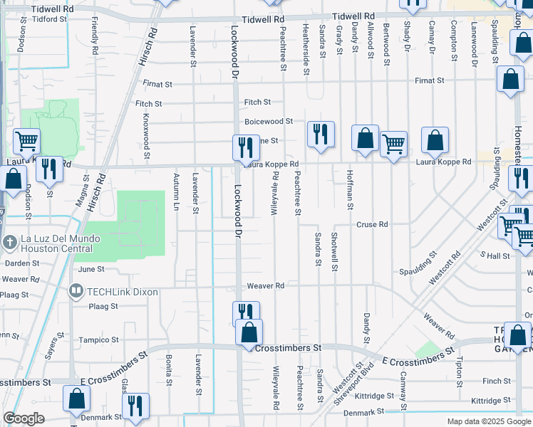 map of restaurants, bars, coffee shops, grocery stores, and more near 8602 Clarington Street in Houston