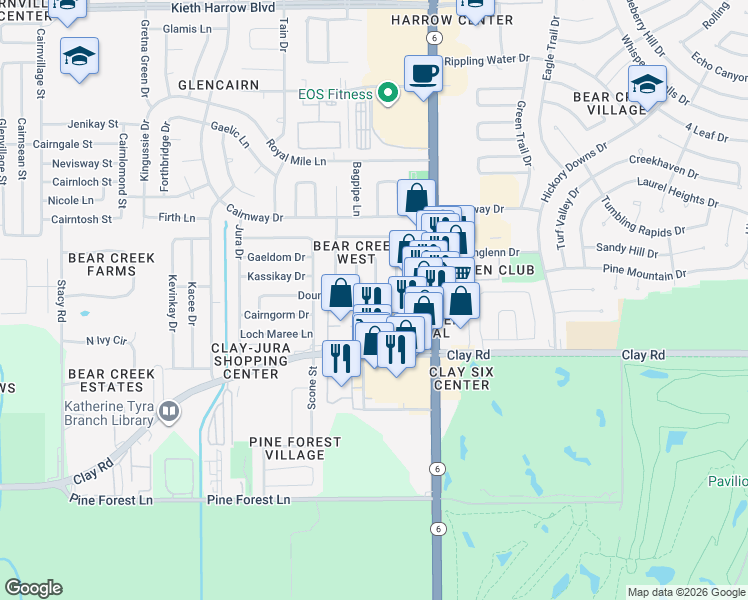 map of restaurants, bars, coffee shops, grocery stores, and more near 16407 Dounreay Drive in Houston