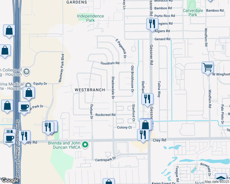 map of restaurants, bars, coffee shops, grocery stores, and more near 4710 Shadowdale Drive in Houston