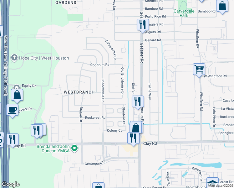 map of restaurants, bars, coffee shops, grocery stores, and more near 10315 Lybert Road in Houston