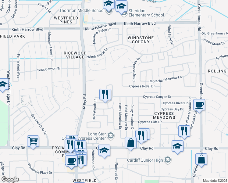 map of restaurants, bars, coffee shops, grocery stores, and more near 4523 Hall Croft Chase Lane in Katy