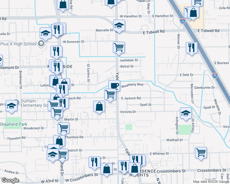 map of restaurants, bars, coffee shops, grocery stores, and more near 4913 Yale Street in Houston