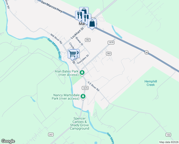 map of restaurants, bars, coffee shops, grocery stores, and more near 306 Crockett Street in Martindale