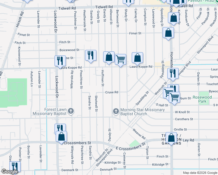 map of restaurants, bars, coffee shops, grocery stores, and more near 8517 Allwood Street in Houston