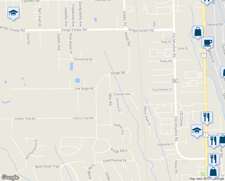 map of restaurants, bars, coffee shops, grocery stores, and more near 696 Frances Avenue in St. Augustine