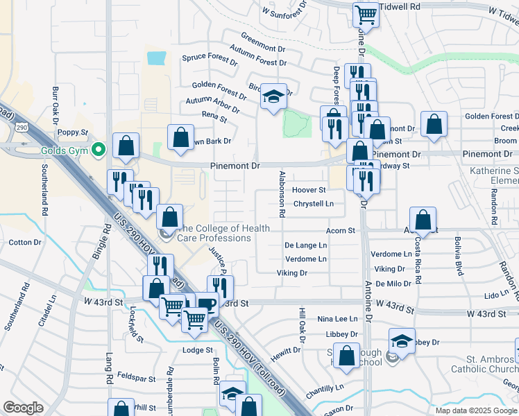 map of restaurants, bars, coffee shops, grocery stores, and more near 5002 Northrup Drive in Houston