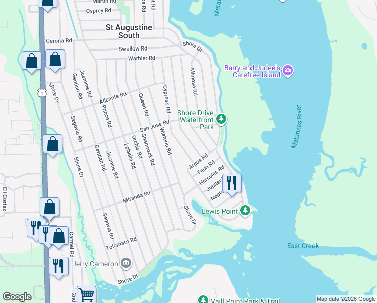 map of restaurants, bars, coffee shops, grocery stores, and more near 344 Cypress Road in St. Augustine