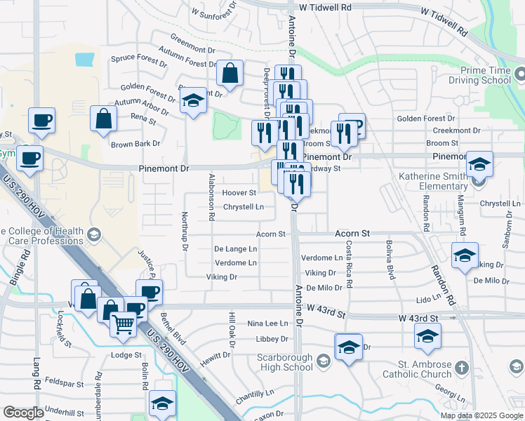 map of restaurants, bars, coffee shops, grocery stores, and more near 5715 Chrystell Lane in Houston