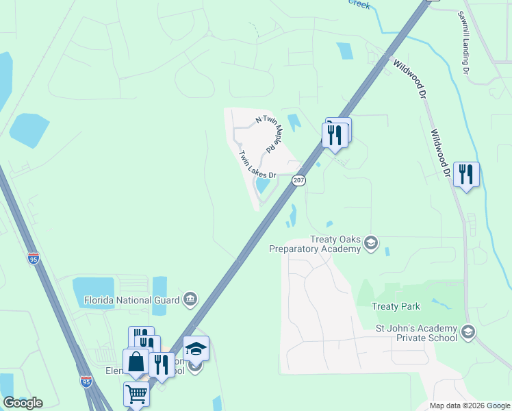 map of restaurants, bars, coffee shops, grocery stores, and more near 141 South Twin Maple Road in St. Augustine