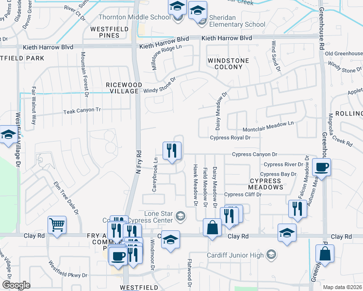 map of restaurants, bars, coffee shops, grocery stores, and more near 4523 Hall Croft Chase Lane in Katy