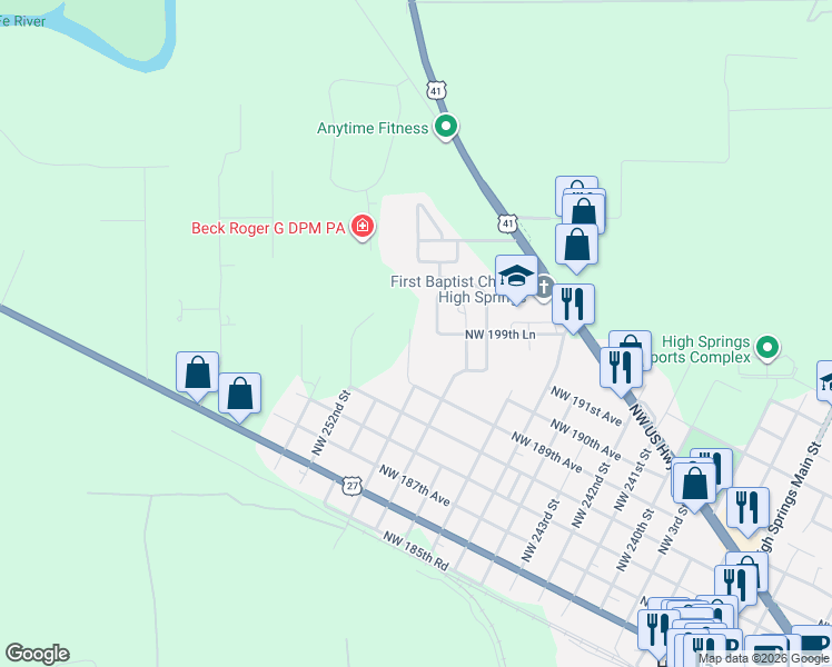 map of restaurants, bars, coffee shops, grocery stores, and more near 18983 Northwest 250th Street in High Springs