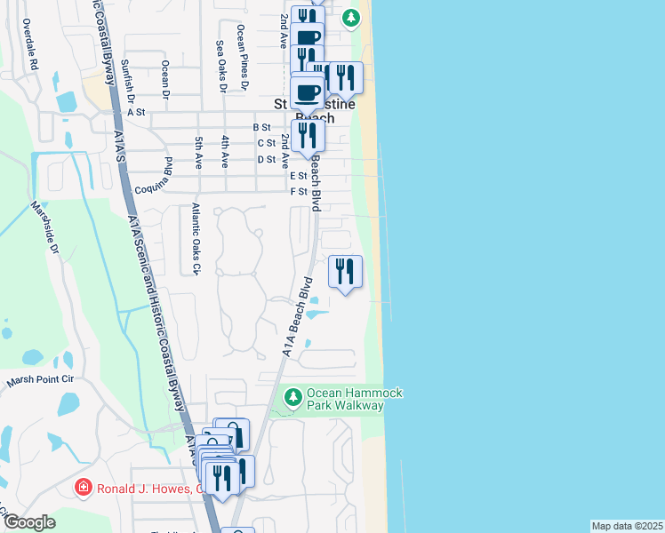 map of restaurants, bars, coffee shops, grocery stores, and more near 39 Sea Urchin Drive in Saint Augustine