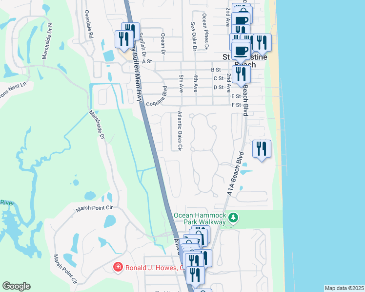 map of restaurants, bars, coffee shops, grocery stores, and more near 27 Atlantic Oaks Circle in St. Augustine Beach