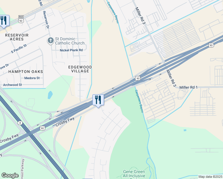 map of restaurants, bars, coffee shops, grocery stores, and more near 14650 Crosby Freeway in Houston