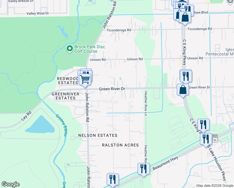 map of restaurants, bars, coffee shops, grocery stores, and more near 11930 Green River Drive in Houston