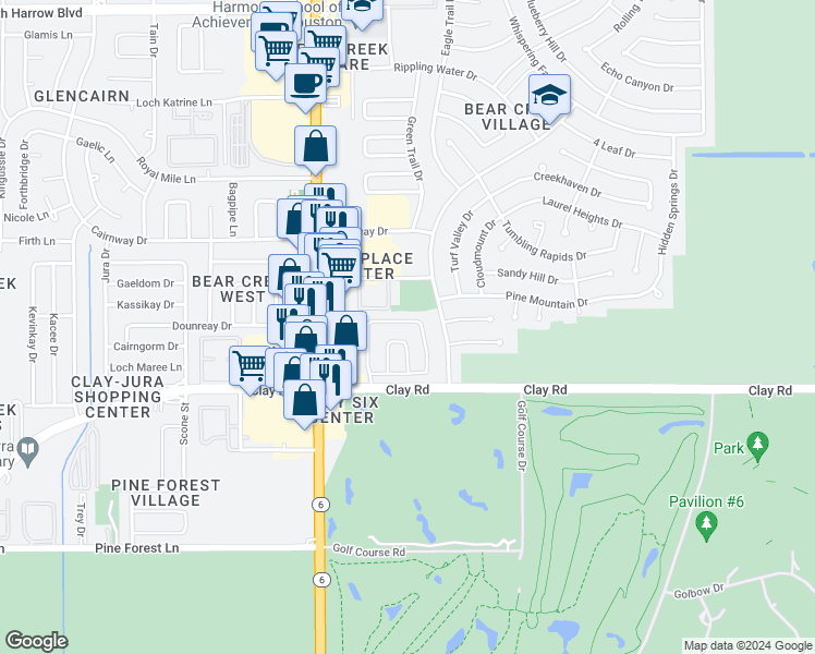 map of restaurants, bars, coffee shops, grocery stores, and more near 16015 Bear Hill Drive in Houston