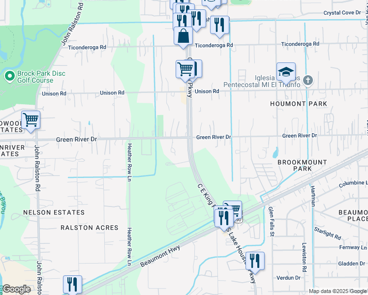 map of restaurants, bars, coffee shops, grocery stores, and more near 7945 C E King Parkway in Houston