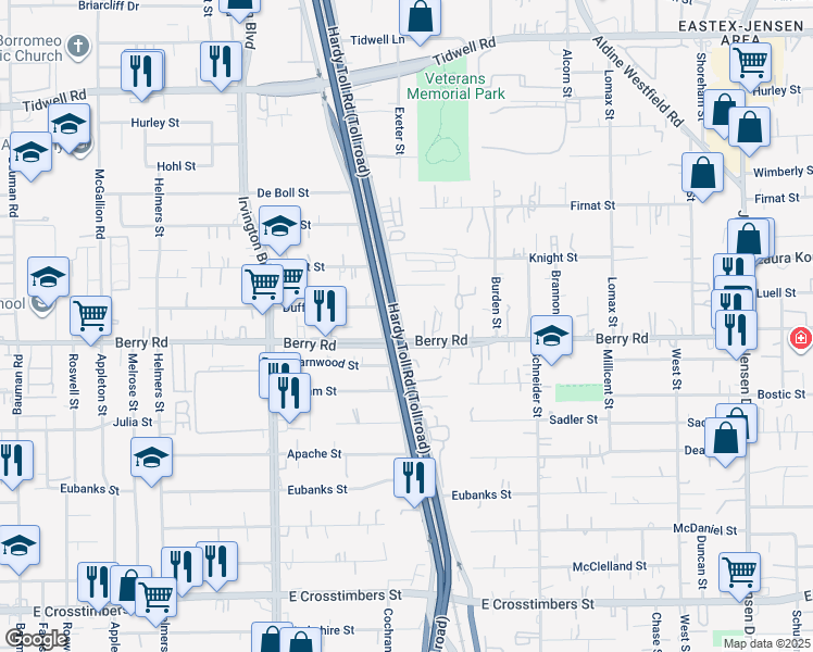 map of restaurants, bars, coffee shops, grocery stores, and more near 8602 East Hardy Road in Houston