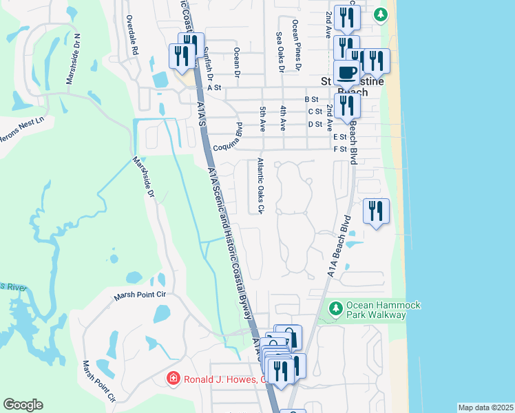 map of restaurants, bars, coffee shops, grocery stores, and more near 27 Atlantic Oaks Circle in St. Augustine Beach