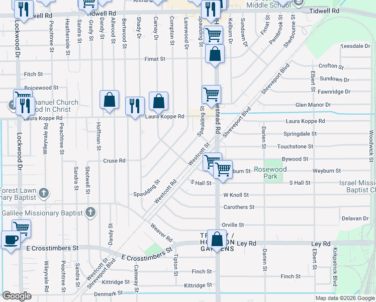 map of restaurants, bars, coffee shops, grocery stores, and more near 8521 Westcott Road in Houston