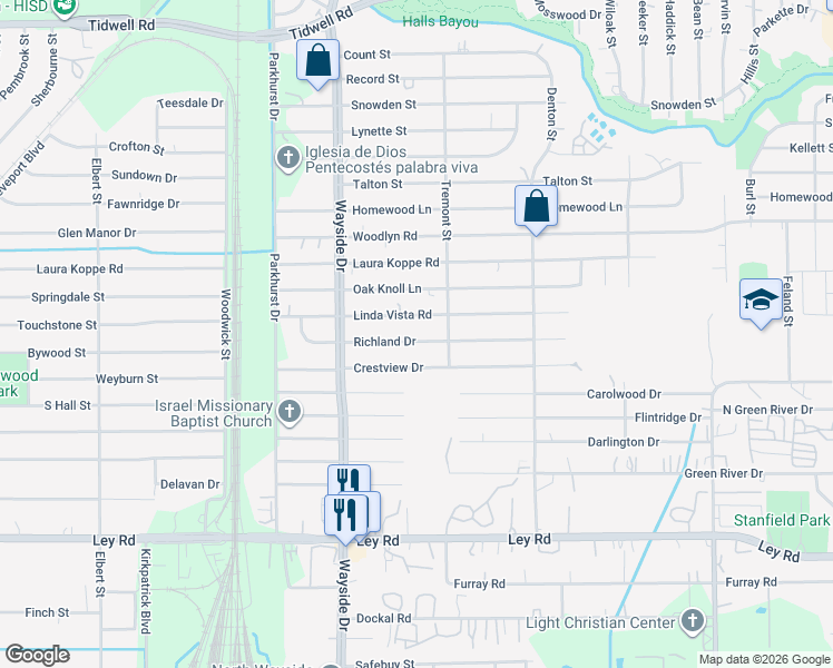map of restaurants, bars, coffee shops, grocery stores, and more near 8013 Richland Drive in Houston