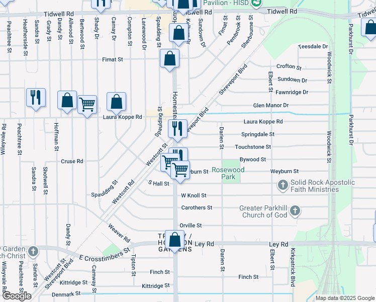 map of restaurants, bars, coffee shops, grocery stores, and more near 7118 Touchstone Street in Houston
