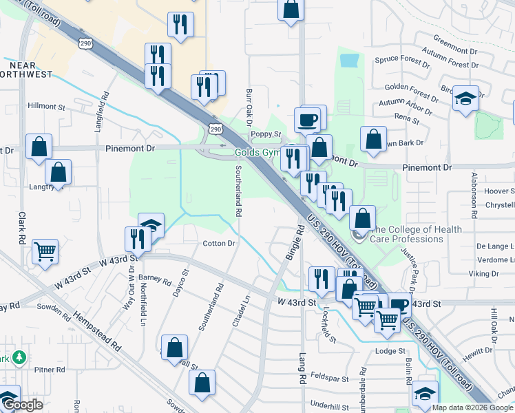 map of restaurants, bars, coffee shops, grocery stores, and more near 4822 Southerland Road in Houston
