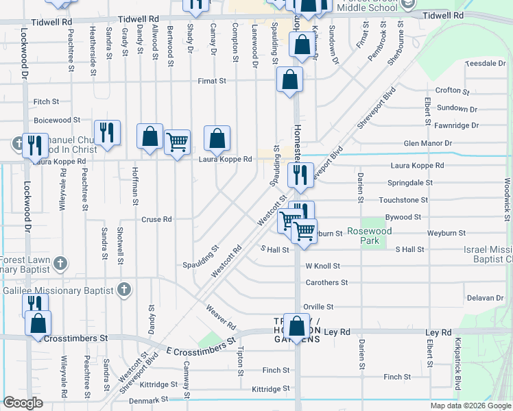 map of restaurants, bars, coffee shops, grocery stores, and more near 8521 Westcott Road in Houston