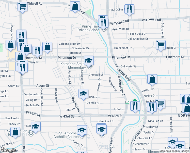 map of restaurants, bars, coffee shops, grocery stores, and more near 4702 Carleen Road in Houston