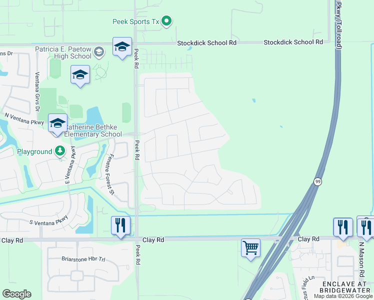 map of restaurants, bars, coffee shops, grocery stores, and more near 4411 Verona Hills Lane in Katy
