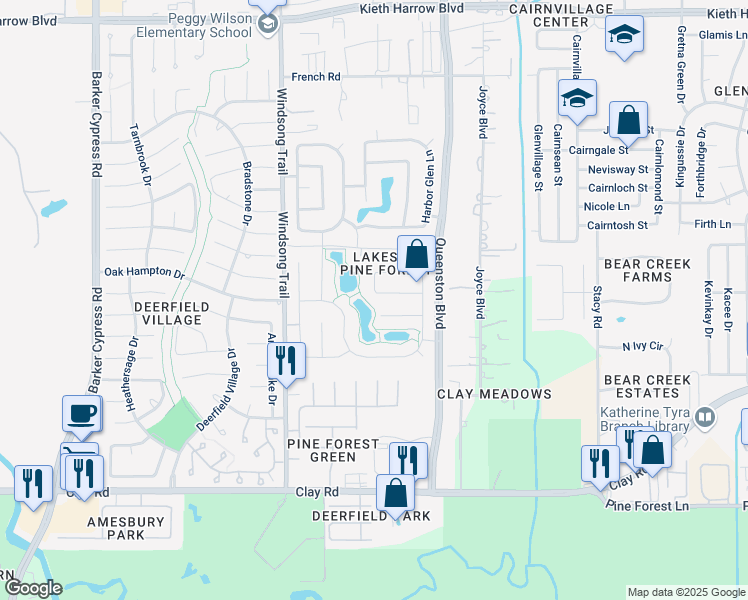 map of restaurants, bars, coffee shops, grocery stores, and more near 17719 Orchid Creek Lane in Houston