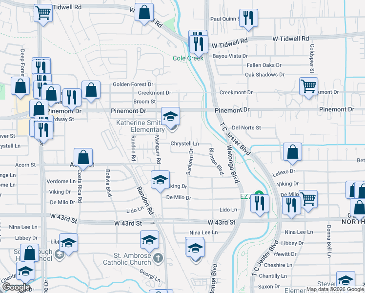 map of restaurants, bars, coffee shops, grocery stores, and more near 4702 Carleen Road in Houston