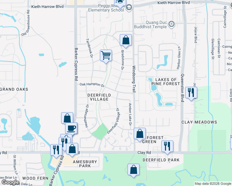 map of restaurants, bars, coffee shops, grocery stores, and more near 18103 Oak Hampton Drive in Houston