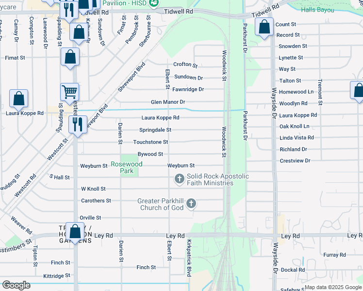 map of restaurants, bars, coffee shops, grocery stores, and more near 7535 Bywood Street in Houston