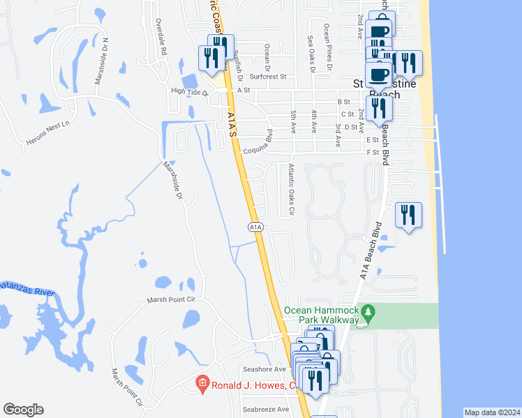 map of restaurants, bars, coffee shops, grocery stores, and more near 109 Serenity Bay Boulevard in Saint Augustine