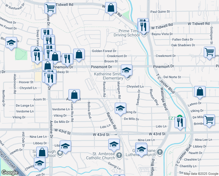 map of restaurants, bars, coffee shops, grocery stores, and more near 4926 Weeping Willow Road in Houston