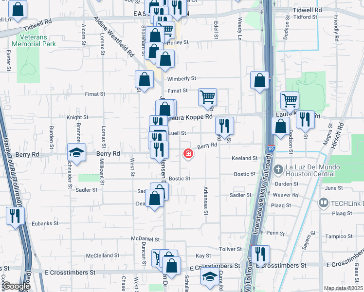 map of restaurants, bars, coffee shops, grocery stores, and more near 2823 Berry Road in Houston