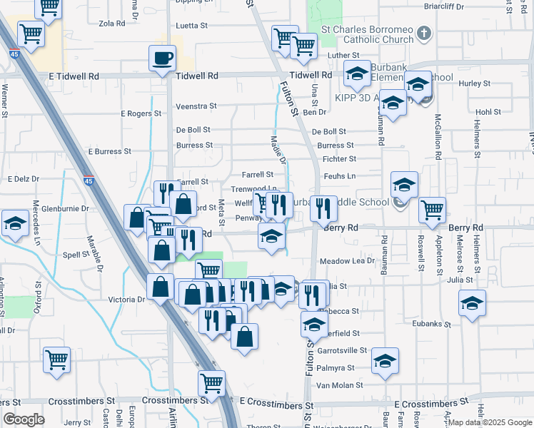 map of restaurants, bars, coffee shops, grocery stores, and more near 48 Penway Street in Houston