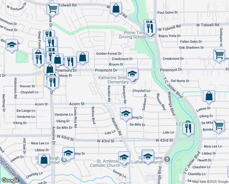 map of restaurants, bars, coffee shops, grocery stores, and more near 4926 Weeping Willow Road in Houston