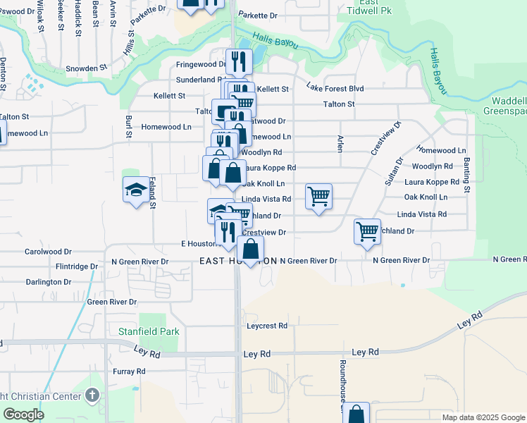 map of restaurants, bars, coffee shops, grocery stores, and more near 8837 Richland Drive in Houston